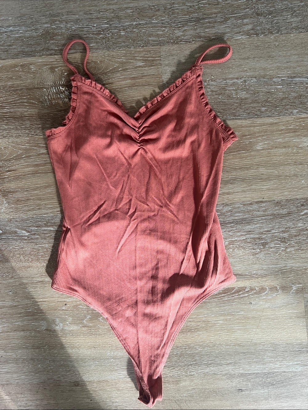 Volcom Rust Orange Ribbed Ruffle-Trim Bodysuit